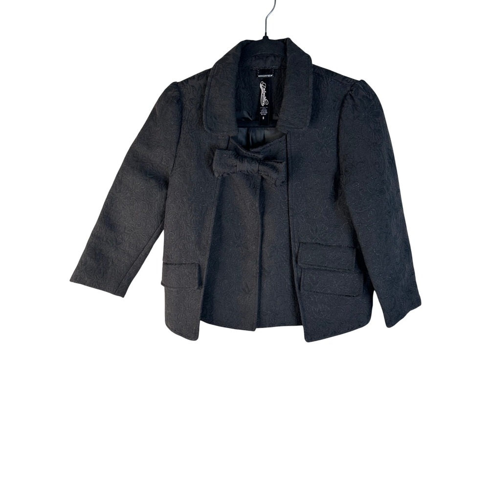 Priorities Women's Black Metallic Floral Jacquard Bow Front Blazer Jacket Size S